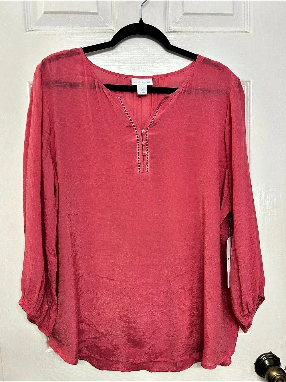 NWT Liz Claiborne Split-Neck Henley Blouse in Rapture Rose - Large Lagenlook